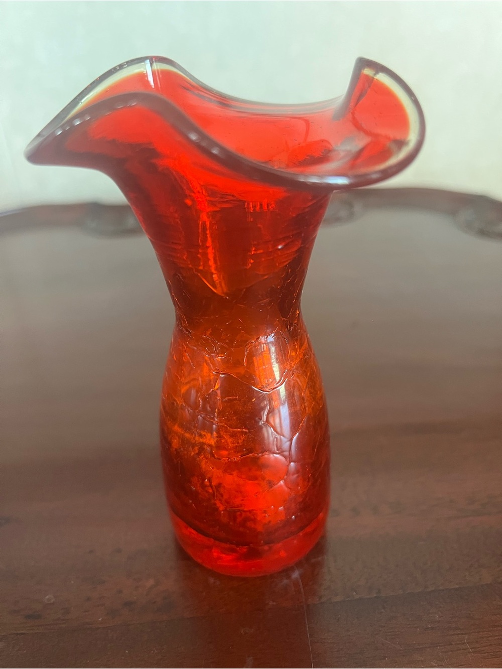 Vintage Rainbow Amberina Crackle Ruffled Glass Vase